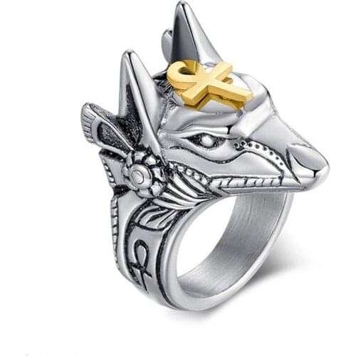 Men Stainless Steel Egyptian God Anubis Gold Ankh Cross Ring Anubis Beast Biker Band Animal Finger Ring Fashion Jewelry