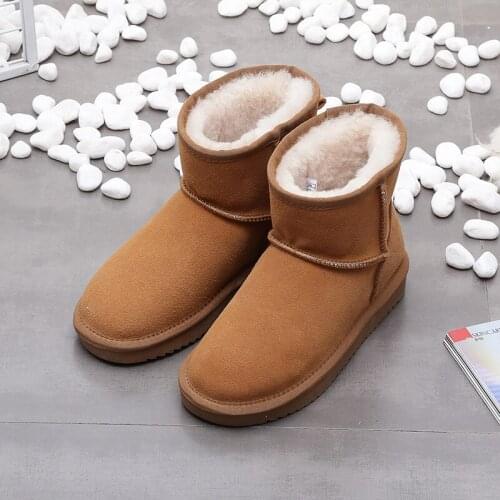 2021 New Genuine Cowhide Leather Snow Boots Women Wool Boots Suede Sheep Fur Flat Anti-skid Warm Winter Shoes Large size