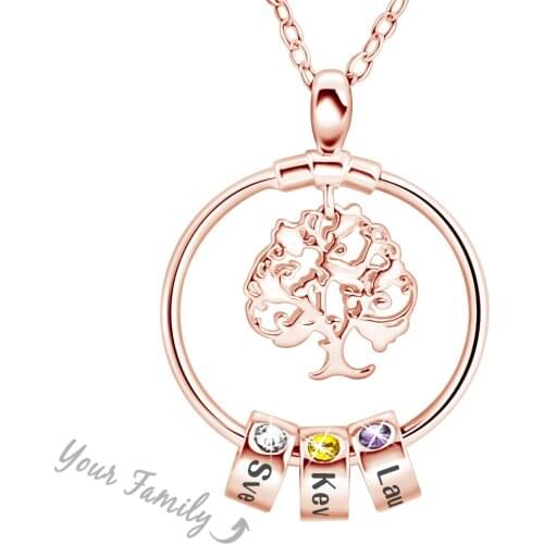 Personalized Engraved Name Collarbone Chain Necklace DIY Rose Gold The Tree of Life Pendant With Beads Birthstones Jewelry Gift