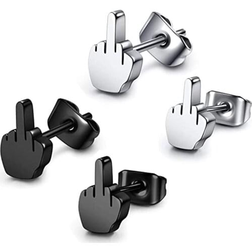 2Pcs Stainless Steel Black Middle Finger Up Women Men Ear Jewelry Studs Earring Punk Cool Gold Silver Plated