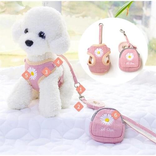Pet Dog Harness Chest Strap Daisy Embroidery Clothes Set Small Medium Dog Cat Clothes With Snack Pocket Pet Supplies Leash Vest