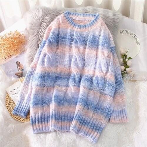 Rainbow Sweaters Tie Dye Pullover Female O-Neck Long Loose Striped Korean Jumpers Candy Color Oversiz Female Tops Autumn Winter