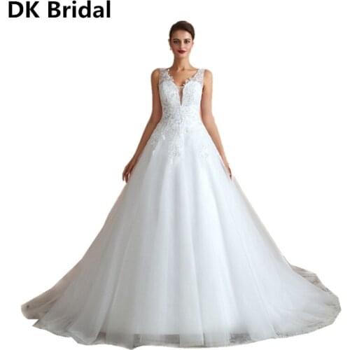 Holy A-Line Sexy V-neck Wedding Dresses Simple White Ivory Sequined Flowers Cheap Wedding Gown vestido de noiva 2019