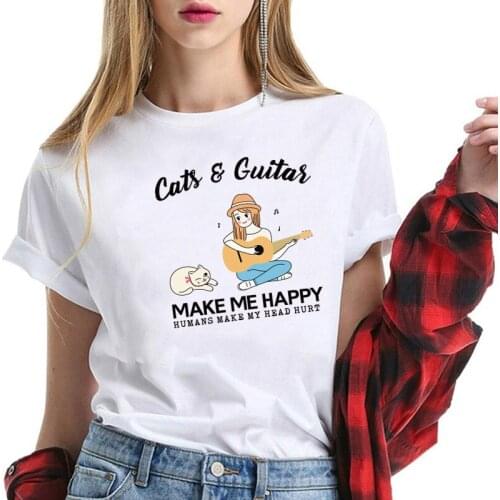Cats and Guitar Make Me Happy Printed T-shirts Women Summer 2020 Woman Tshirts Cotton Short Sleeve Graphic Tees Streetwear Femme
