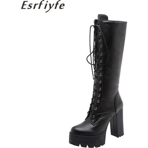 ESRFIYFE 2020 New Women PU Leather Knee High Boots Black Lace Up Platform Long Boots Fashion Super High Heel Nightclub Shoes