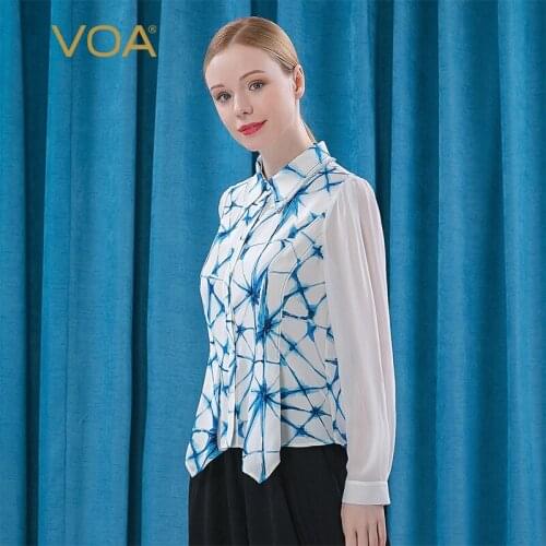 VOA 30m/m Silk White Background Blue Flower Halo Dyed Lapel and Fungus Splicing Perspective Long Sleeve Swallow Tail Shirt BE323