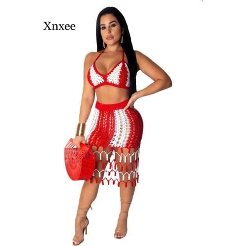 Sexy Tassel Women Knitted Skirt Set Spaghetti Strap Knit Skirt Suit Crocheted Women Beach Wear Two Pieces Crochet Beach Set