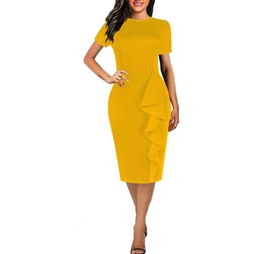 European Style Women 2021 New Solid O-neck Ruffled Slim Fit Hip Dress Sexy Office Work Bodycon Party Dress Vestid