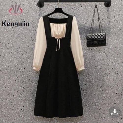 Loose Oversize Autumn Winter Women Tunic Dresses French Style Pacthwork Long Sleeve Female Robe Office Lady Work Vestidos KE1926