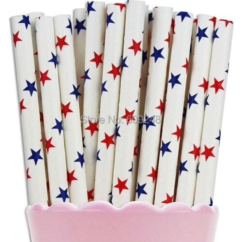 100pcs Mixed Colors Blue Red Star Paper Straws, July 4th Cheap Colorful Party Supplies Printed Paper Drinking Straws Bulk