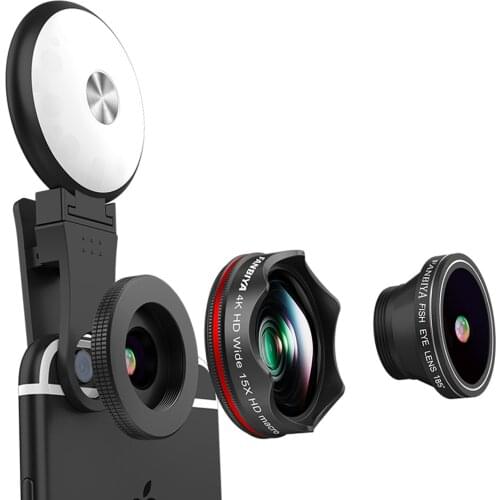 4in1 Phone Camera Lens With Selfie Rechargeable LED Light 0.45X 150° Wide Angle 15X Macro 185° Fish Eye Lamp Mobile Lens Kit