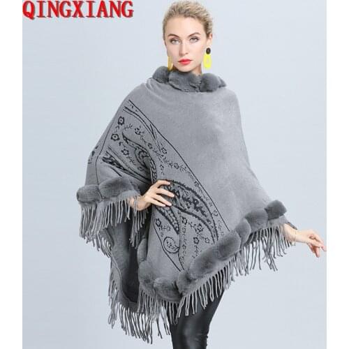 5 Color Jacquard Weave Warm Pullover 2020 Winter Faux Fur Out Street Wear Women Capes Solid Poncho Knitted O Neck Tassel Sweater