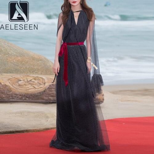 AELESEEN Runway Fashion Dots Women Dress 2020 Spring Summer Elegant Sleeveless Belt Party Holiday Maxi Dress With Ruffles Shawl