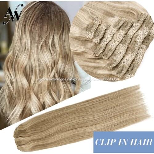 AW 16''-24'' Clip In Human Hair Extensions 7pcs/set Double Weft Machine Remy Hair Straight Natural Hair Extensions With Clip