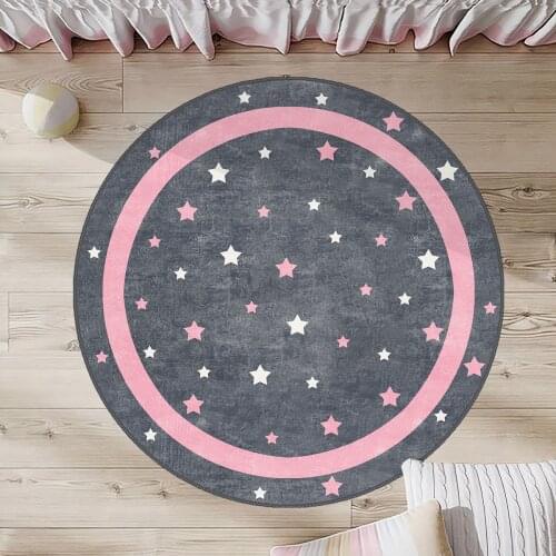 Gri Yuvarlak Çocuk Odası Halısı pembe daire beyaz pembe yıldız