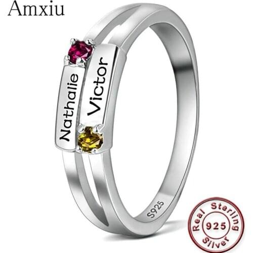 Amxiu Romantic Customized Two Names 925 Sterling Silver Rings with Personalized Birthstone Lovers Mothers Rings Surprise Gift