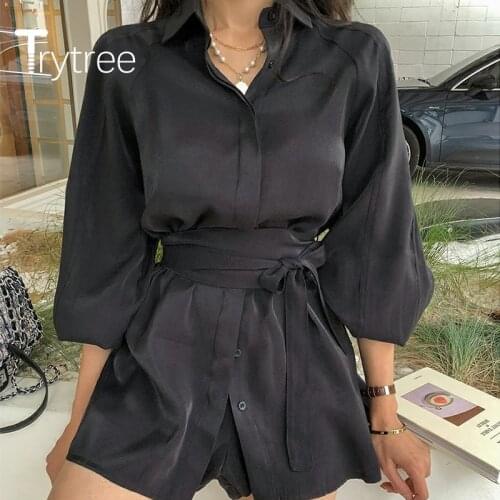 Trytree Spring Women two piece set Casual Turn-down Collar Single Breasted Belt Blouse Tops + Short Loose 4 Color 2 piece set