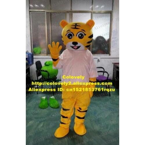 Innocent Yellow Tiger Tigerkin Tigress Mascot Costume Cartoon Character Mascotte Pink Shirt Bright Round Eyes Small Nose ZZ1233