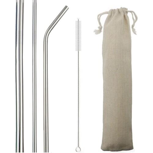 Reusable Metal Drinking Straws 5Pcs 304 Stainless Steel Sturdy Bent Straight Drinks Straw with Brush Eco-Friendly Silver Straw