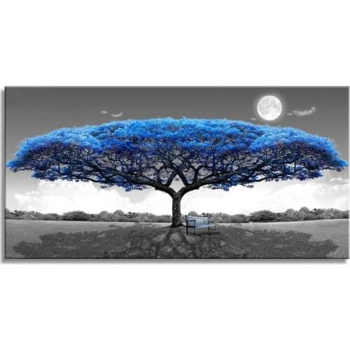 1 Panel Modern Canvas Modular Canvas Painting Large Blue Tree with Round moon Nordic Wall Art Print And Poster Restaurant Livin