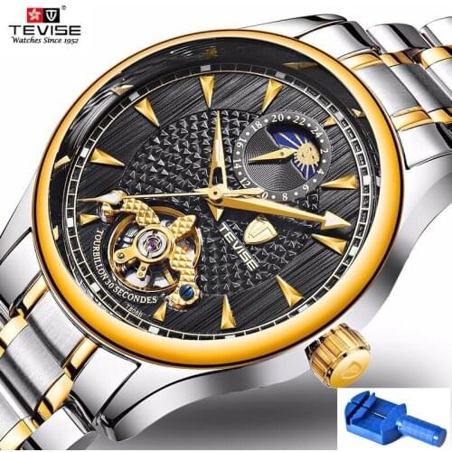 Man Watch 2019 TEVISE T808 Moon Phase Tourbillon Automatic Watches Luminous Hands Mechanical Wristwatches Fixing Tool erkek saat