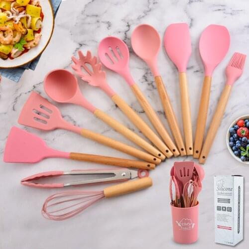 Silicone Kitchen Utensils With Wooden Handle 12 Piece Set Non Stick Cooking Spoon Shovel Kitchenware Tools