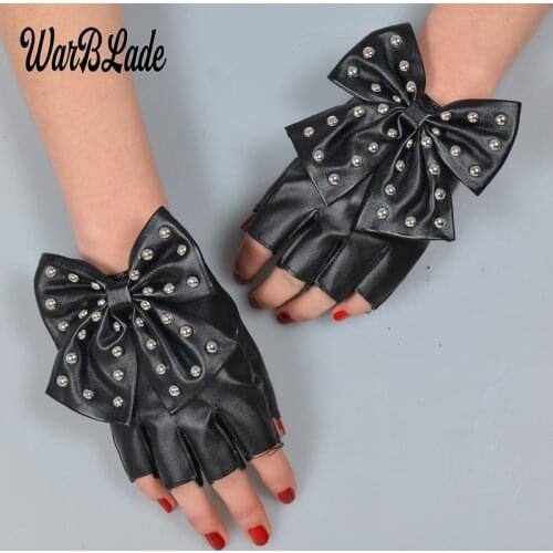 WarBLade Fashion Fingerless Gloves Womens PU Leather Gloves Ladies Luvas Dancing Party Show Big Bow Rivet Half finger Mittens