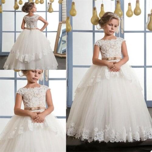 Princess Flower Girls Dresses Jewel First Communion Dress Sleeveless Elegant Chic Lace Applique Custom Made Kids Pageant Dress