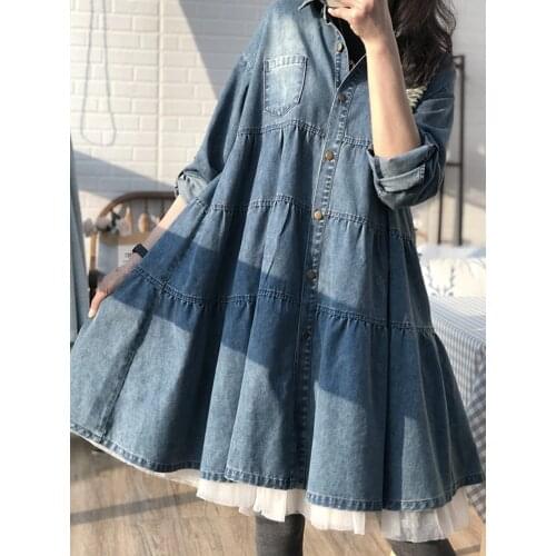 2021 Autumn and Spring Korean-Style A- Line Casual Dress Loose-Fit High-Waist Denim Princess Long Sleeve Clothes