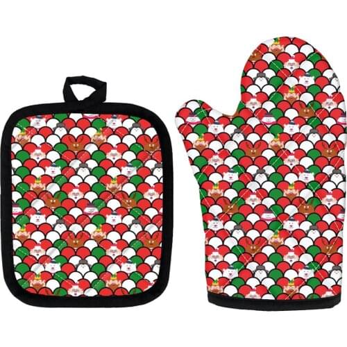 2pcs/set Christmas Baking Anti-Hot Gloves Oven Microwave Insulation Mat Xmas Supply Mitts and Potholder Mat for BBQ Home Kitchen