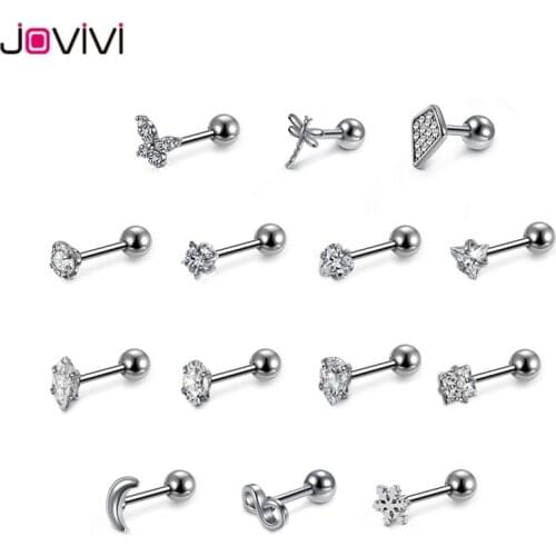 JOVIVI Stainless Steel Stud Ear Ring Clear Cubic Zircon Ball Barbell Tragus Cartilage Helix Ear Studs Ear Piercing Jewelry 16Gg