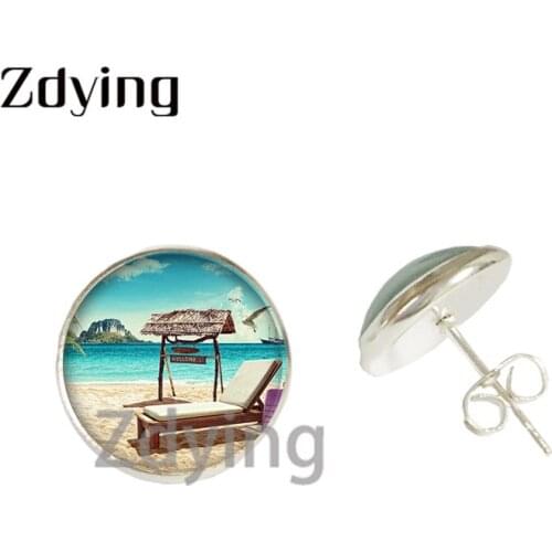 Zdying Summer Landscape Beach Tree Stud Earring Glass Art Picture Cabochon For Woman Girls Party Wedding Bohemia Jewelry TL027