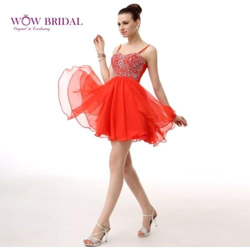 Wowbridal Coral Short Homecoming Dresses 2021 New Crystals Zipper Back Junior High Cute 8th Grade Graduation Dresses SH0005