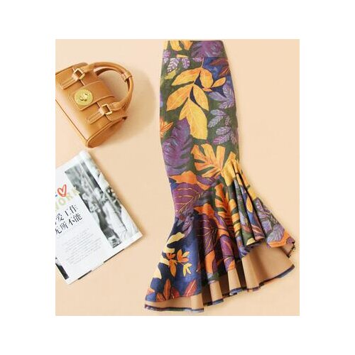 Plus size 4XL!Irregular fishtail skirt high waist women winter package hip leaves print a-line woolen skirt office lady TB3752