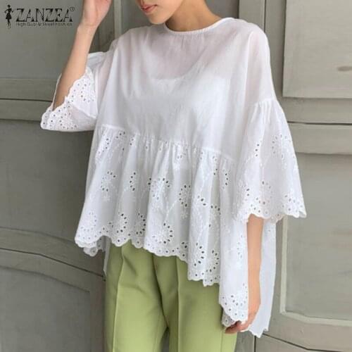Women Lace Patchwork Top ZANZEA Solid Hollow Out Tunic 2021 Summer Irregular White Blusa Lady Fashion Casual Flare Sleeve Blouse