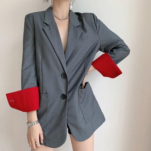 Retro Grey Blazer Jacket For Women Office Suit 2021 New Plus Size Red Sleeve Patchwork Blazers With Pockets Female Coat