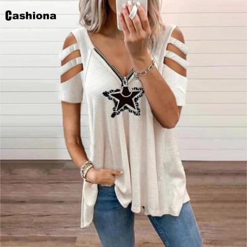 Women Hollow Out Sleeve Top Streetwear 2021 New Zipper Star Print T-Shirt Casual Loose Tees Shirt Oversized 5xl Femme Clothing