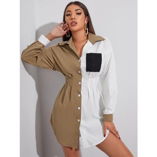 Women Office Lady Color Contrast Pockets Mini Dress Long Sleeve Turn Down Collar Elegant Casual Party Dress 2021 Autumn Dress