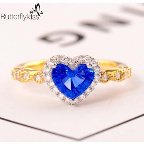 BK 18k Yellow Gold Rings For Women Natural Sapphire Gemstone 3.4g Genuine Gold 585 Heart Shape Diamond Wedding Luxury Jewelry