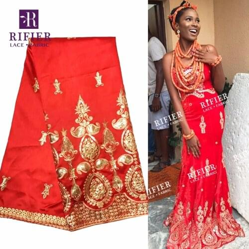Gold Sequined African George Lace Fabric In Red For Indian Lady Wedding Dress Sewing Nigerian Embroidery George Silk Lace Fabric