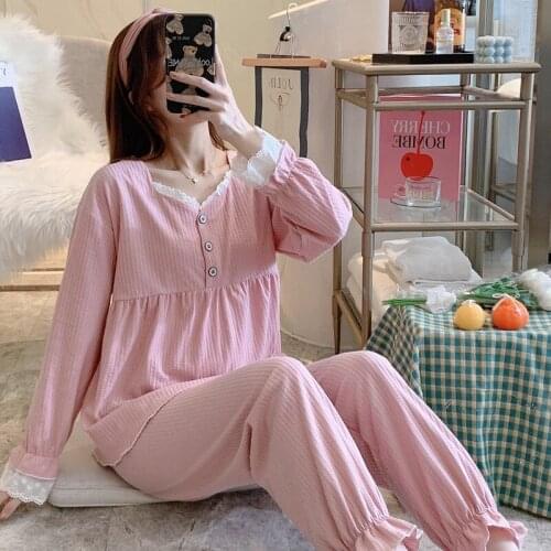 2021 Spring Autumn Long Sleeve Cotton Pajama Sets for Women Cute Lace V-neck Sleepwear Pyjama Suit Homewear Pijama Mujer Clothes
