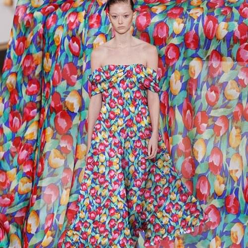 White waxberry Tulip Flowers Printed Silk Chiffon 100%Silk Garment Materials Summer Women Dress Sewing Cloth Tailor Freeshipping