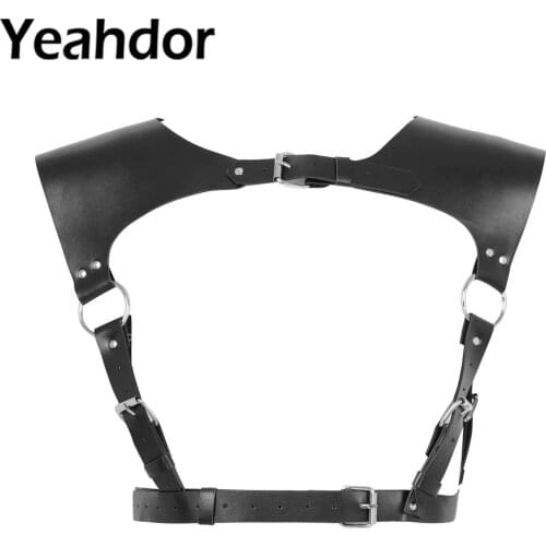 Women Sexy Harness Belt PU Leather Restraints Shoulder Straps Belt Gothic Rivets Decor Body Chest Belt Erotic Hollow Cage Bra