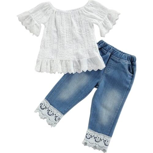 FOCUSNORM 1-6Y Summer Infant Kids Girls 2pcs Clothes Sets Lace Floral Ruffles Short Sleeve T Shirts Tops Ripped Denim Pants