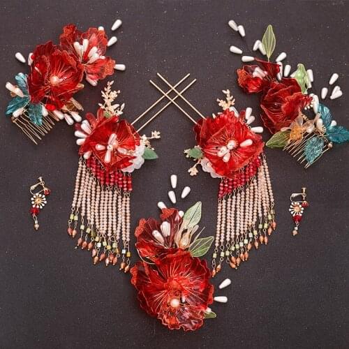 Bridal Xiuhe headdress classic red made liquid flower set antique style headdress tassel hair ornament Wedding Xiuhe dress