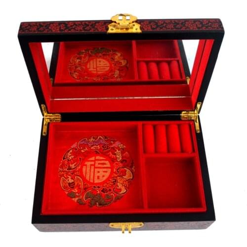 Feng shui Chinese vintage wooden red jewelry Box W wintersweet pattern J2093