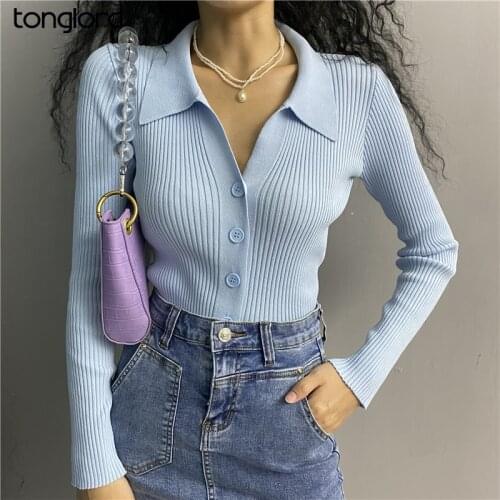 Korea Retro Sweater Tops 2021 Autumn Single-Breasted Polo Collar Knitted Shirts Female Long Sleeve Striped Solid Crop Top White