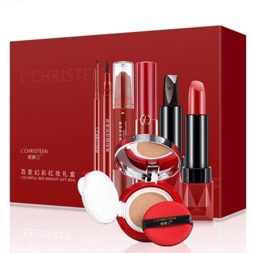 Red Box Makeup Cosmetic Set Lipstick Air Cushion CC Cream Eyeliner Complete Set of Light Makeup Gift Box for Novice Students