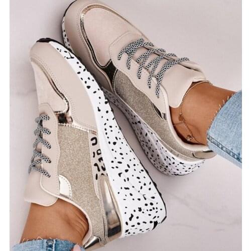Womens Sneakers Platform Casual Shoes Women Vulcanize Shoes Leopard Ladies Running Shoes Sport Silver Lace-Up Female Sneakers
