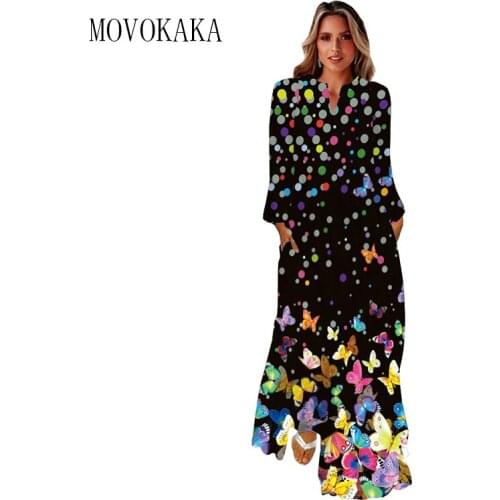 MOVOKAKA Dots Butterfly Print Black Dress 2021 Autumn Long Sleeve Beach Casual Plus Size Dresses Woman Elegant Girls Long Dress